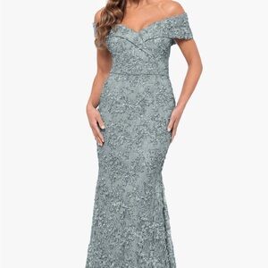 Xscape Off-Shoulder Floral Lace Dress in Blue